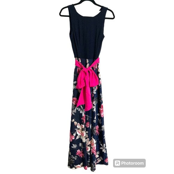 ELIZA J. Maxi Dress Sleeveless Belted Floral Gown in Navy Pink size 4 - Picture 2 of 14